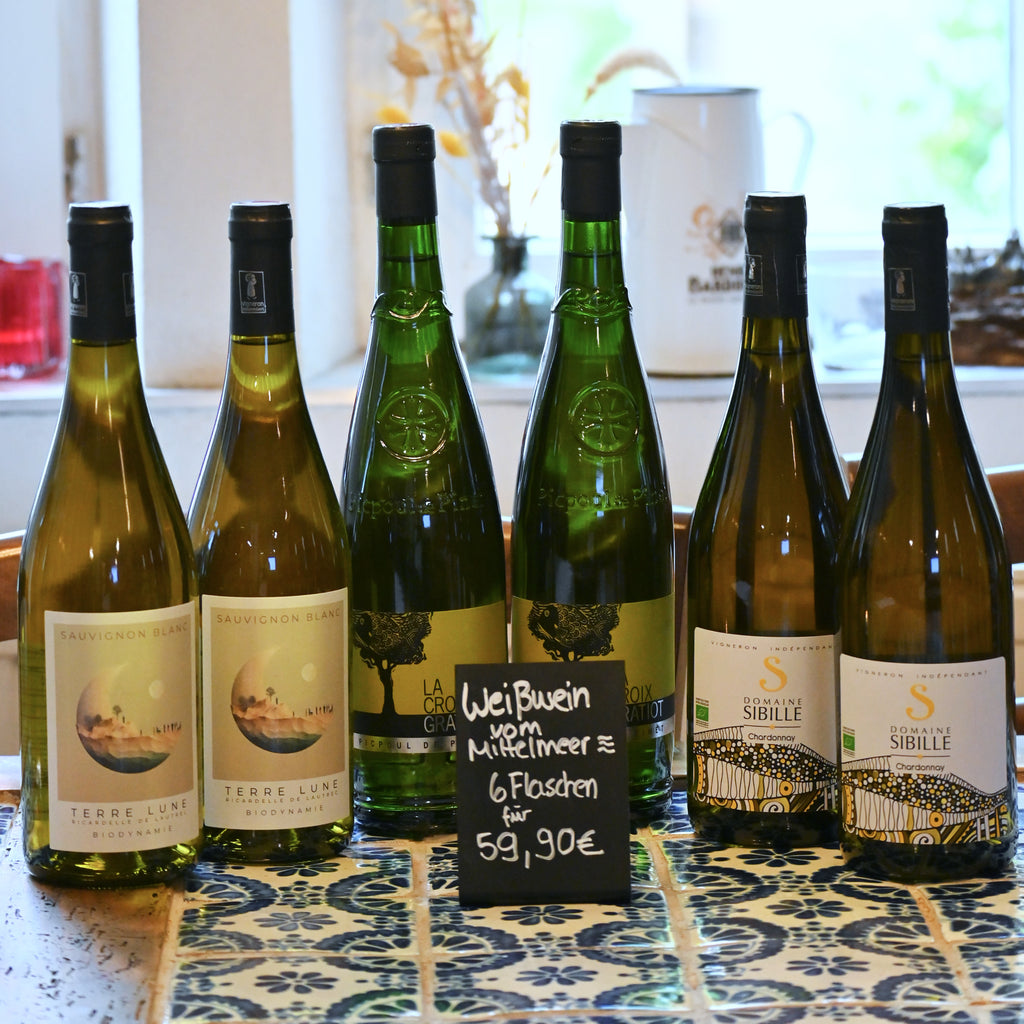 Weißwein vom Mittelmeer, Picpoul, Chardonnay Sibille und Sauvignon Terre Lune