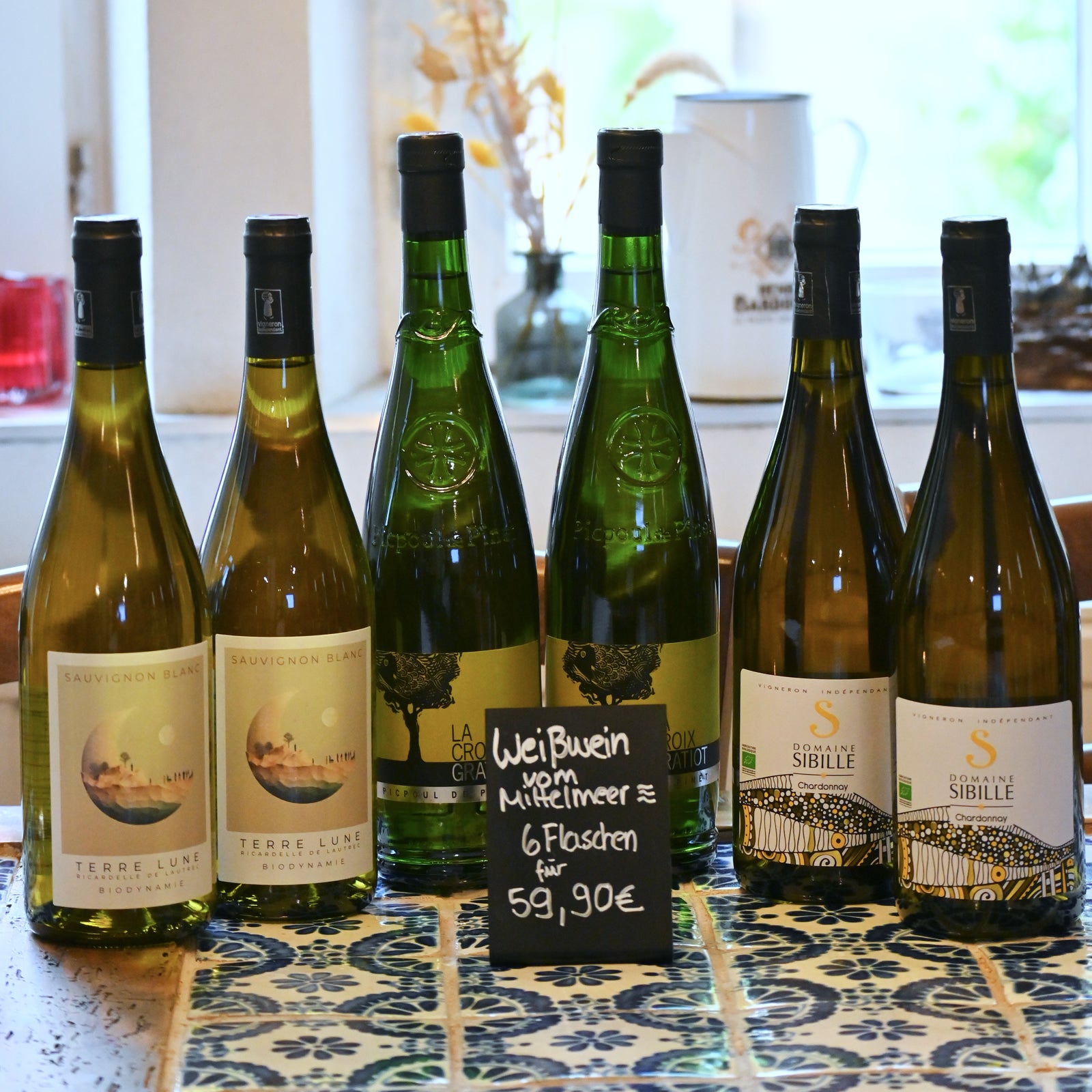 Weißwein vom Mittelmeer, Picpoul, Chardonnay Sibille und Sauvignon Terre Lune