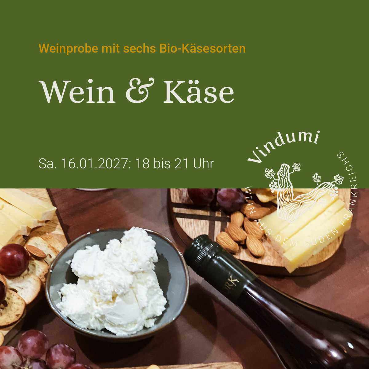 Weinprobe Wein und Käse am 16.01.2027 bei Vindumi, Ankündigungsgrafik mit Käseplatte und Wein